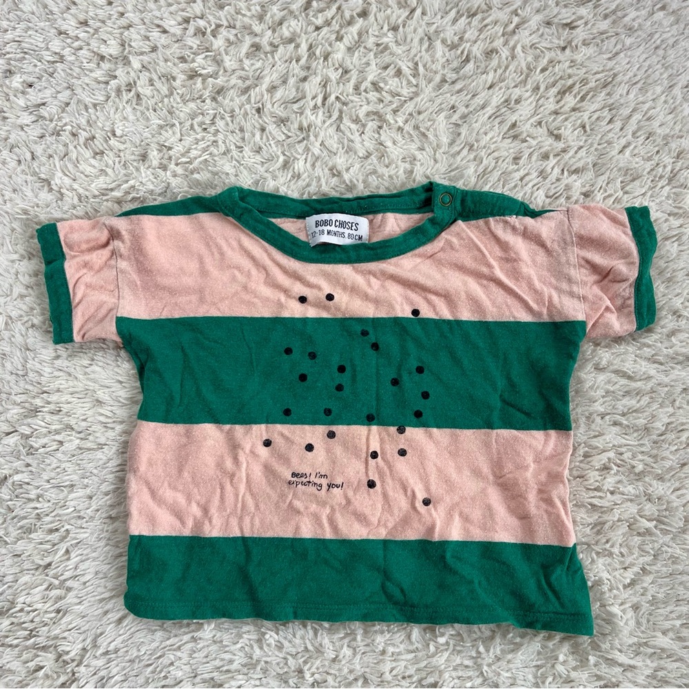 Bobo Choses Green and Pink Striped Short Sleeve Tee
